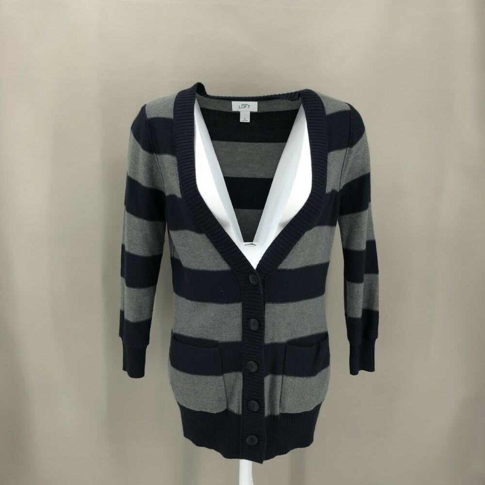 LOFT Women's V-Neck Button Down Cardigan Sweater Sz Small Gray Navy Blue Pockets